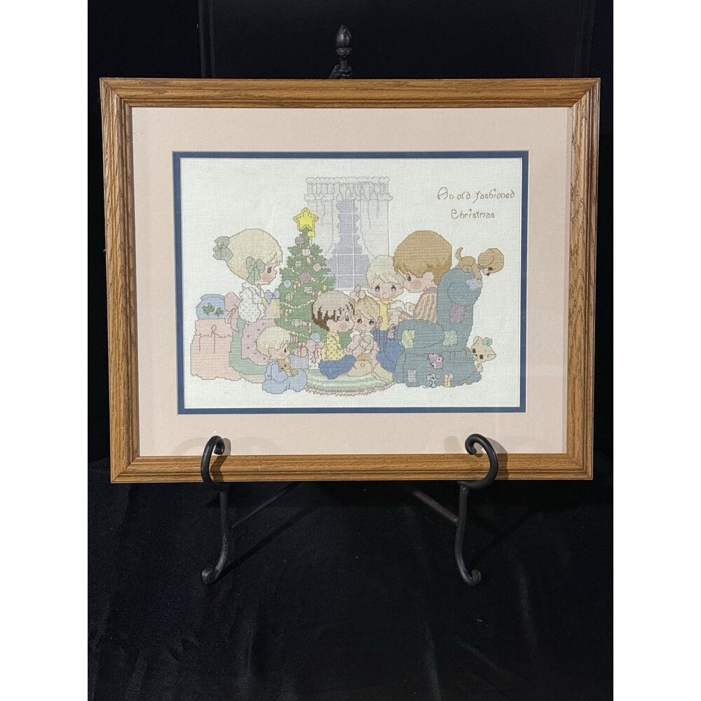Vtg 1988 Precious Moments Cross Stitch ‘Old Fashioned Christmas’ Framed